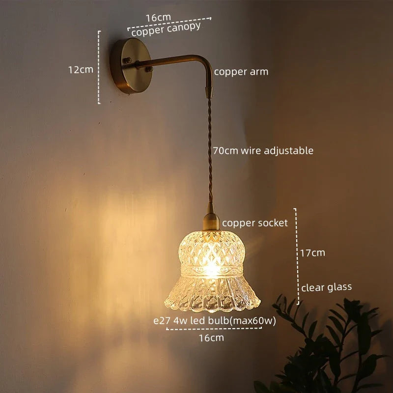 Afralia™ Vintage Copper Glass LED Wall Light with Pull Chain Switch for Dining Room Bedroom