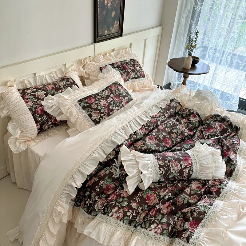 Afralia™ French Rose Flowers Pattern Bedding Set, 100% Cotton, Ruffles, Duvet Cover, Bed Skirt
