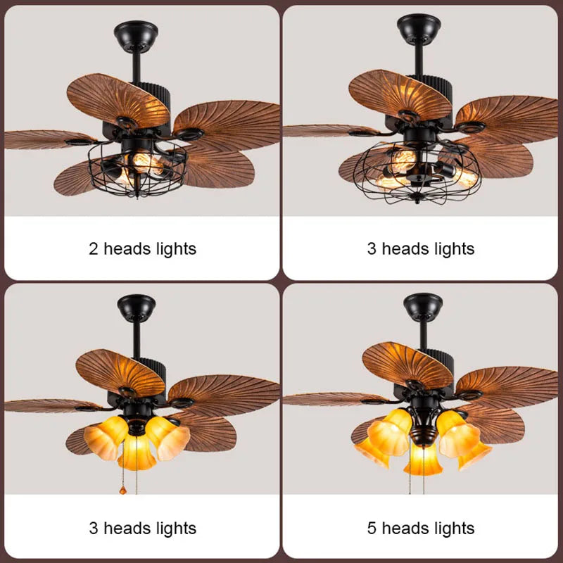 Afralia™ Retro Palm Leaf Ceiling Fan with Strong Power and Pendant Light