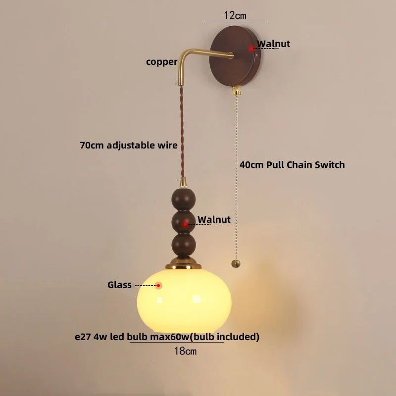 Afralia™ Modern LED Walnut Wood Wall Lights with Glass Shade & Pull Chain Switch