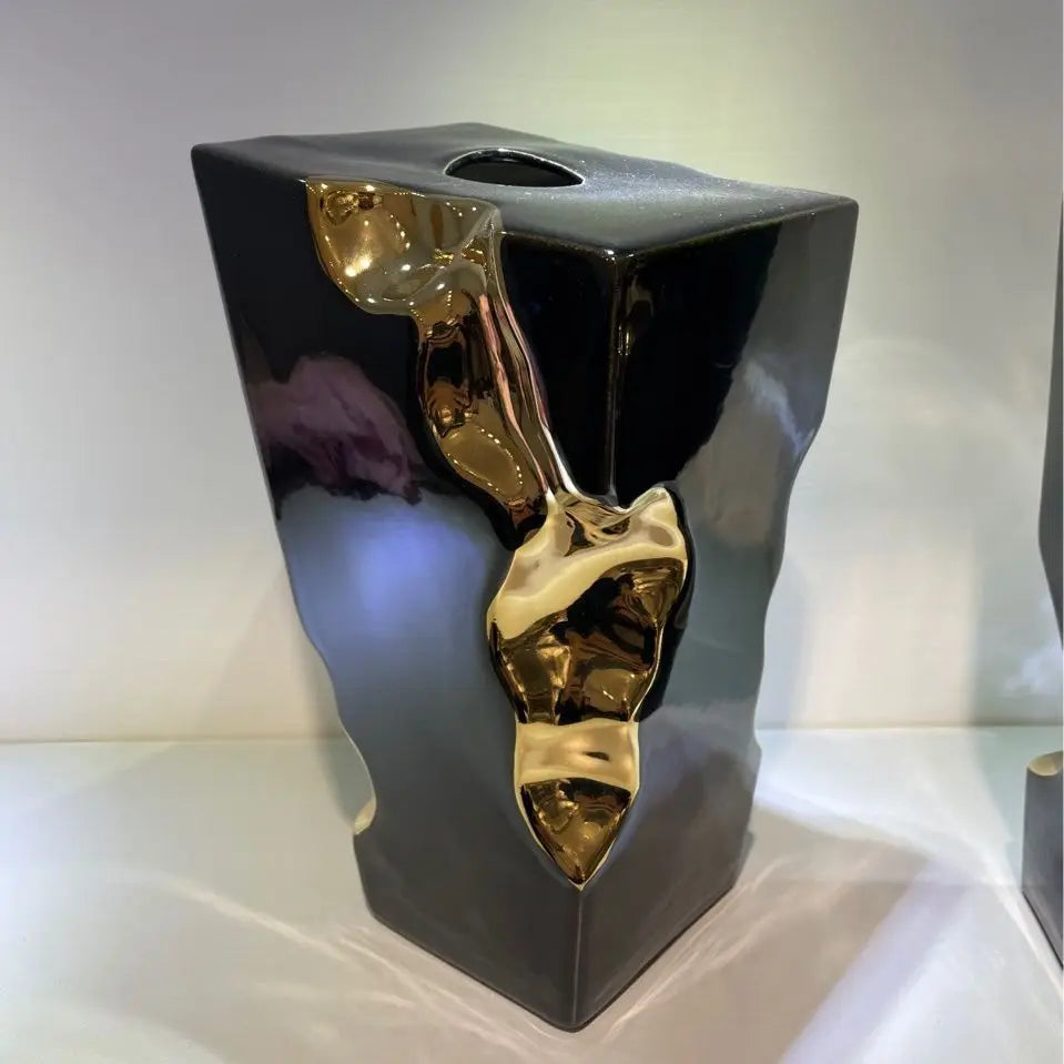 Afralia™ Golden Notch Ceramic Vase Geometric Square Design Home Decor Accessory