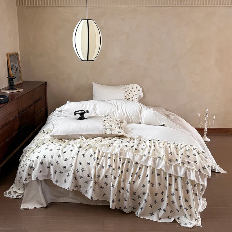 Afralia™ Luxe Lace Ruffles Wedding Bedding Set: Duvet Cover, Bed Sheet, 2 Pillowcases