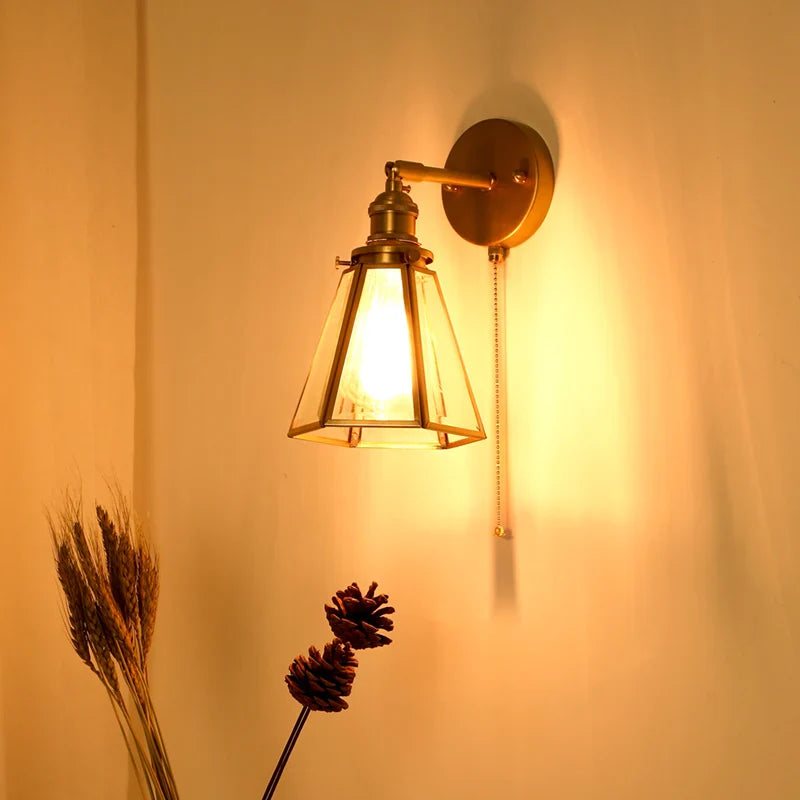 Afralia™ Hexagonal Glass LED Wall Lamp Vintage Copper Pull Chain Switch for Living Room