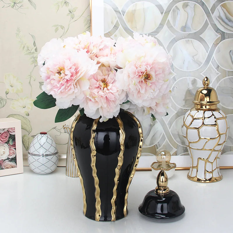 Afralia™ Black Gold Ceramic Pot Vintage Bottle Flower Vase Home Decoration