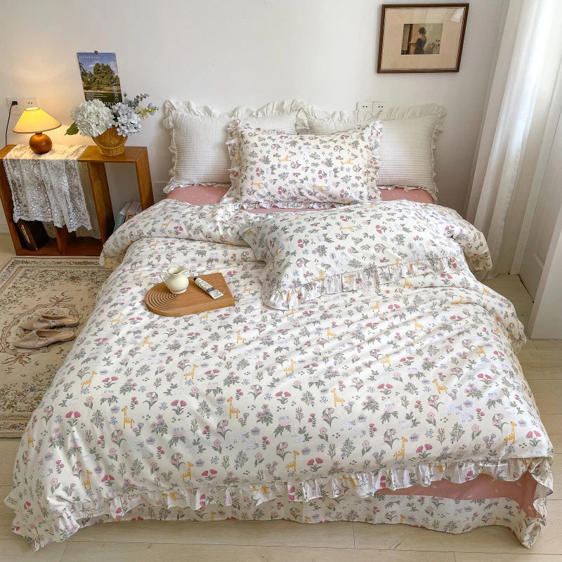Afralia™ Floral Lace Ruffle Bedding Set, Fresh Flower Single Duvet Cover, 100% Cotton