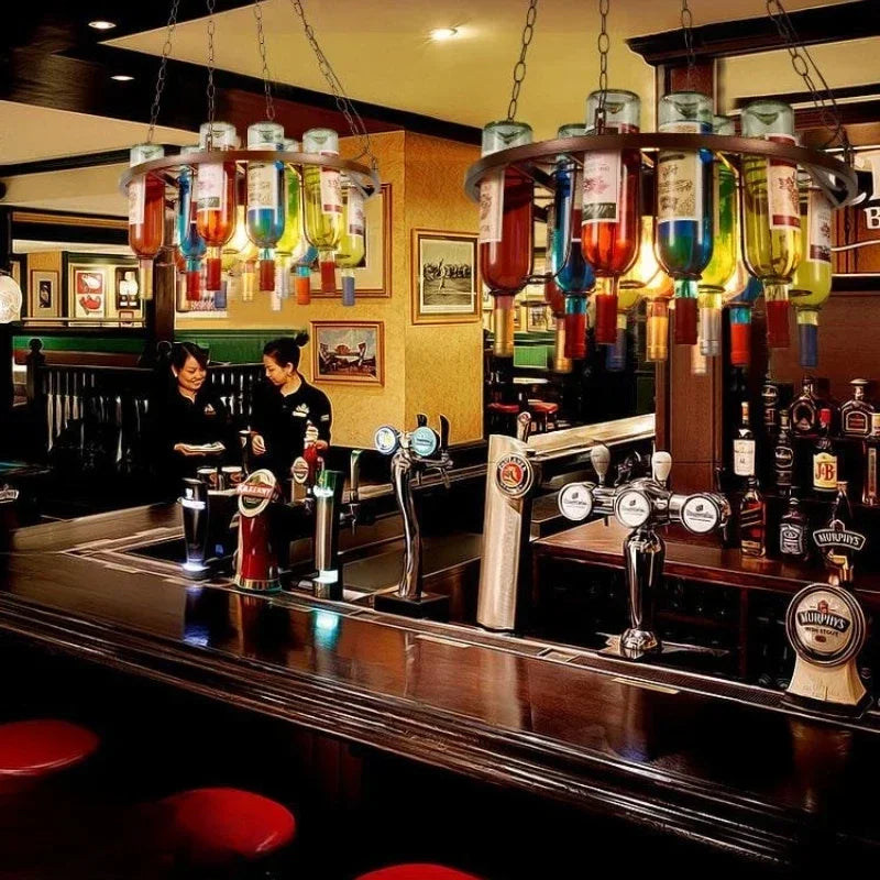 Afralia™ Industrial Metal Wine Bottle Chandelier for Coffee Shop Bar LED Decor