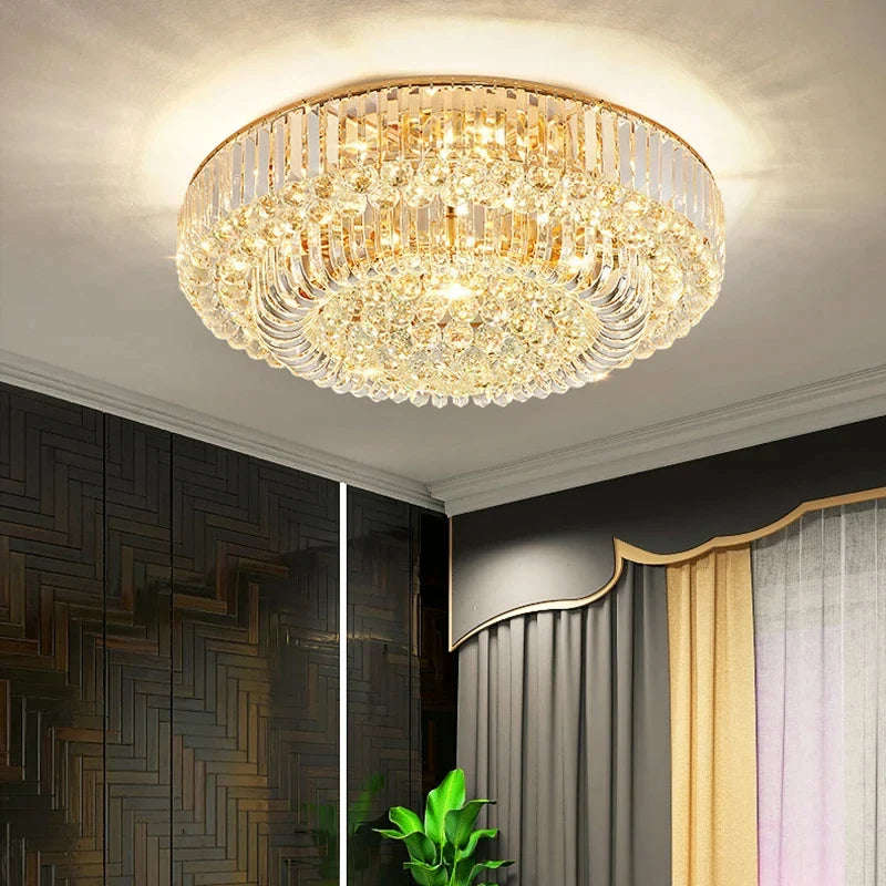 Afralia™ Large Crystal Ceiling Chandelier: Luxury Gold LED Round Ceiling Lights