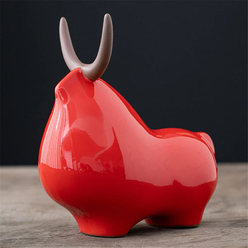 Afralia™ Red Ceramic Bull Sculpture Feng Shui Wealth Cow Figurine Zen Decor