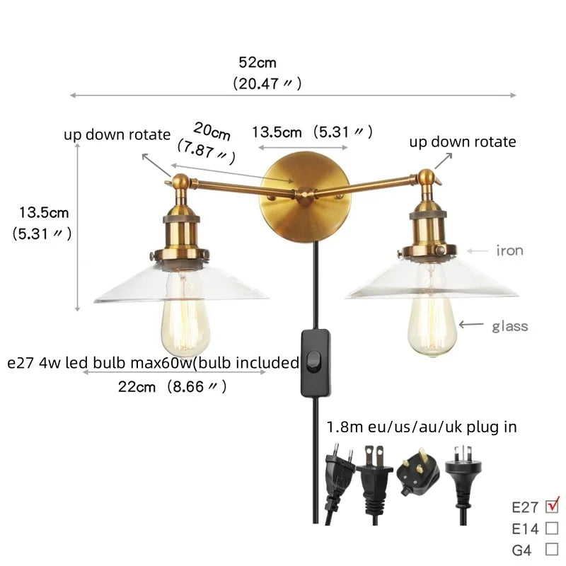 Afralia™ Vintage Gold 2-Head LED Wall Lamp for Aisle Hallway & Bedroom