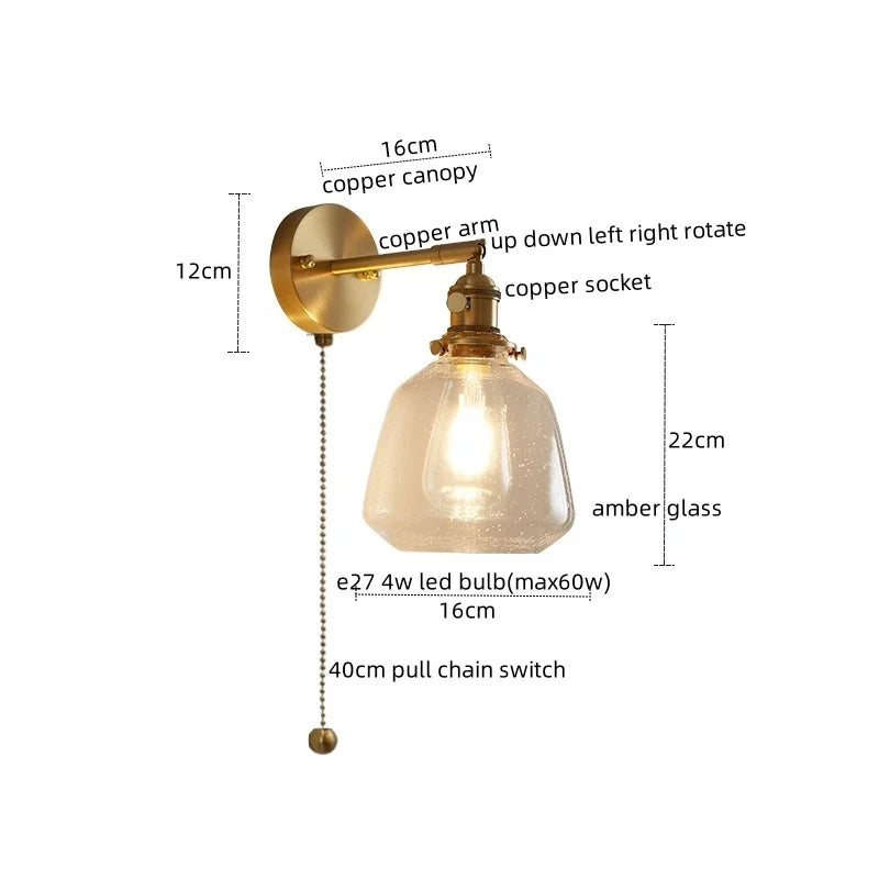 Afralia™ Copper Glass Knob Switch LED Wall Light, Nordic Modern Bedside Lamp