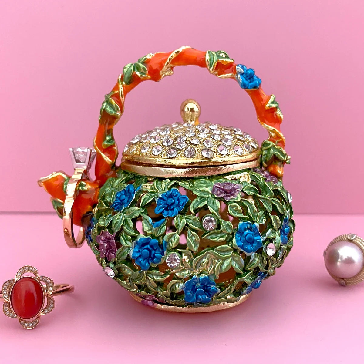 Afralia™ Metal Teapot Trinket Box Crystal Hinged Figurine | Jewelry Storage Ring Holder