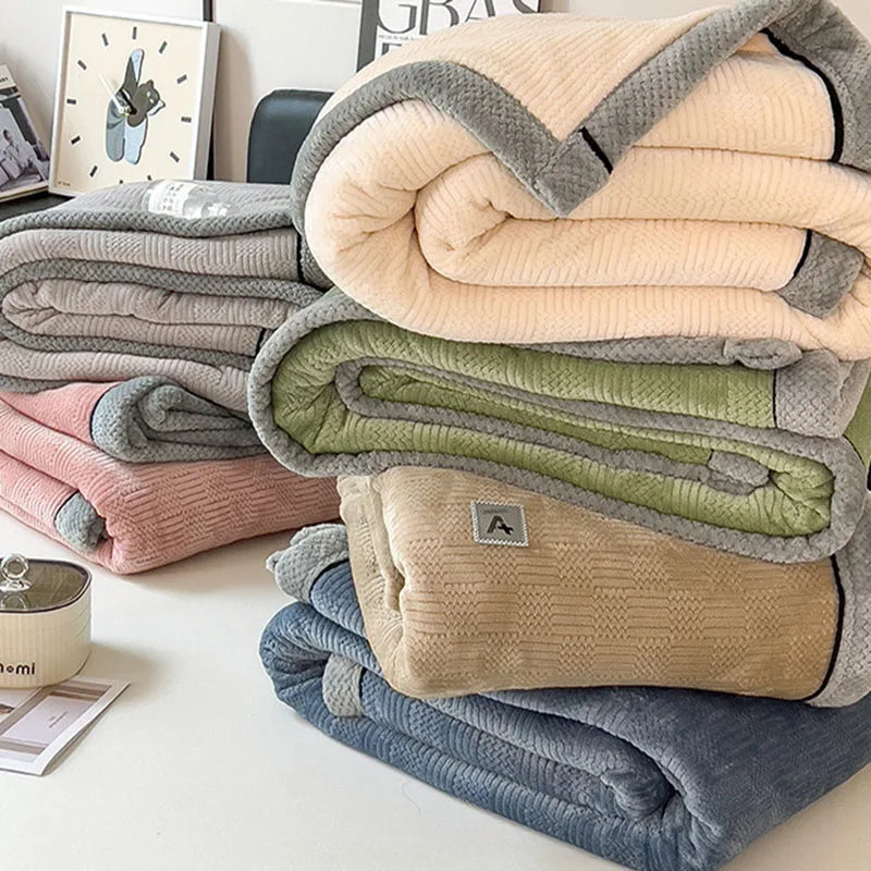 Afralia™ Cozy Jacquard Plush Blanket - Soft Coral Fleece - All-Season - European Solid Stripes