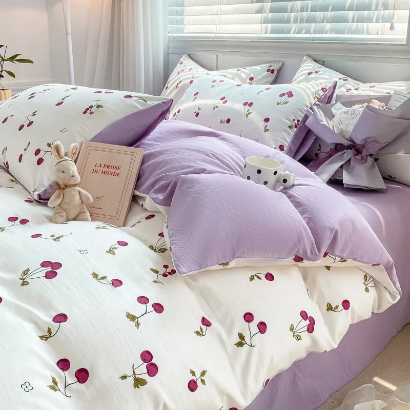 Afralia™ Cartoon Heart Floral Print Duvet Set with Bed Sheet & Pillowcases
