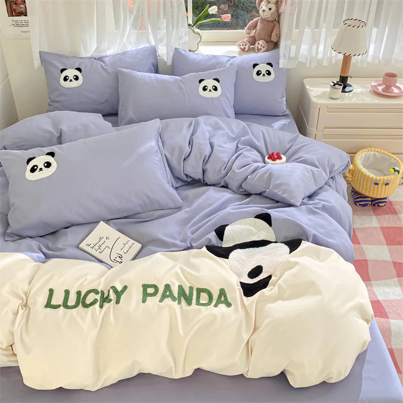 Afralia™ Panda Cotton Embroidery Bedding Set for Queen King Size