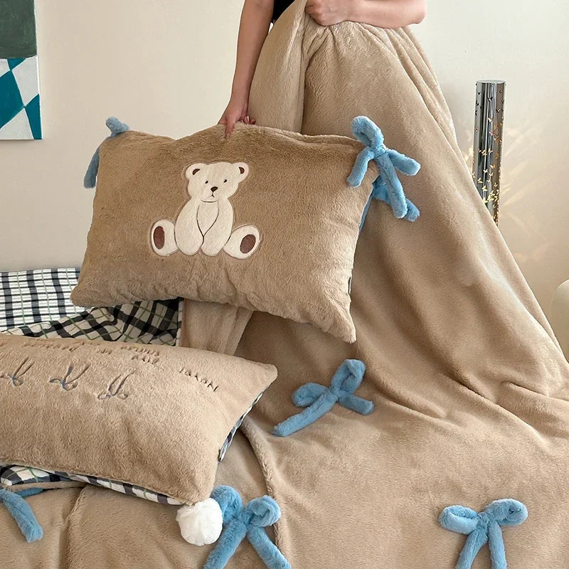 Afralia™ Bow-knot Embroidered Velvet Duvet Bedding Set cozy winter bedding with pillowcase