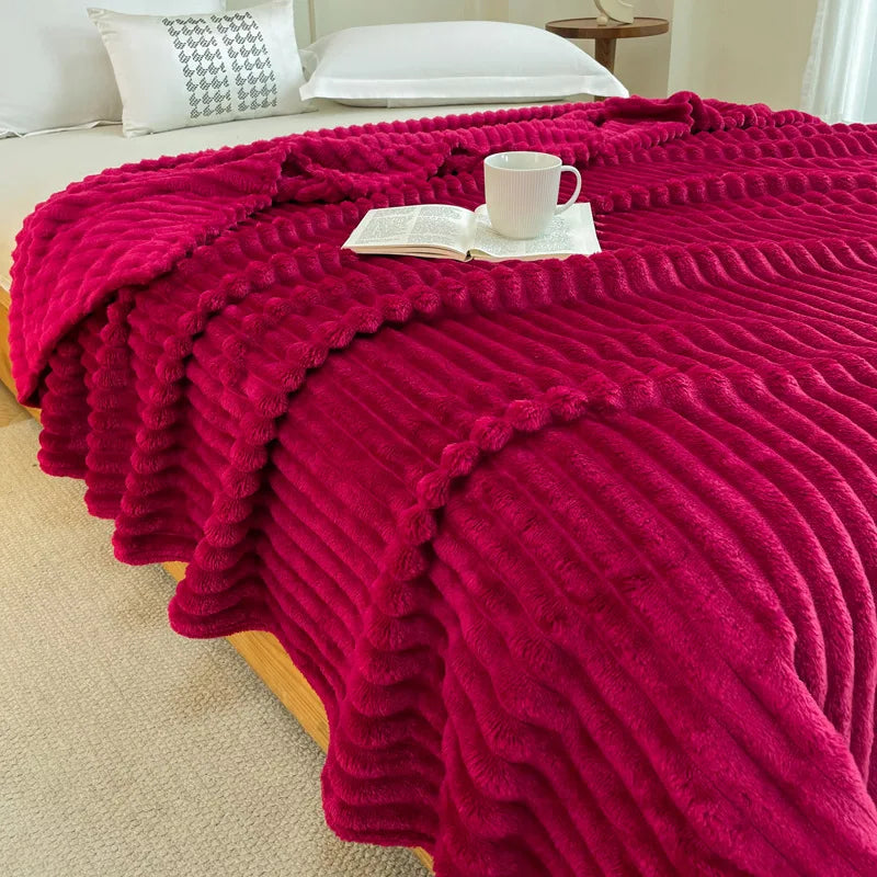 Afralia™ Faux Rabbit Plush Striped Blanket: Nordic Coral Velvet Carpet for Napping & Quilting.