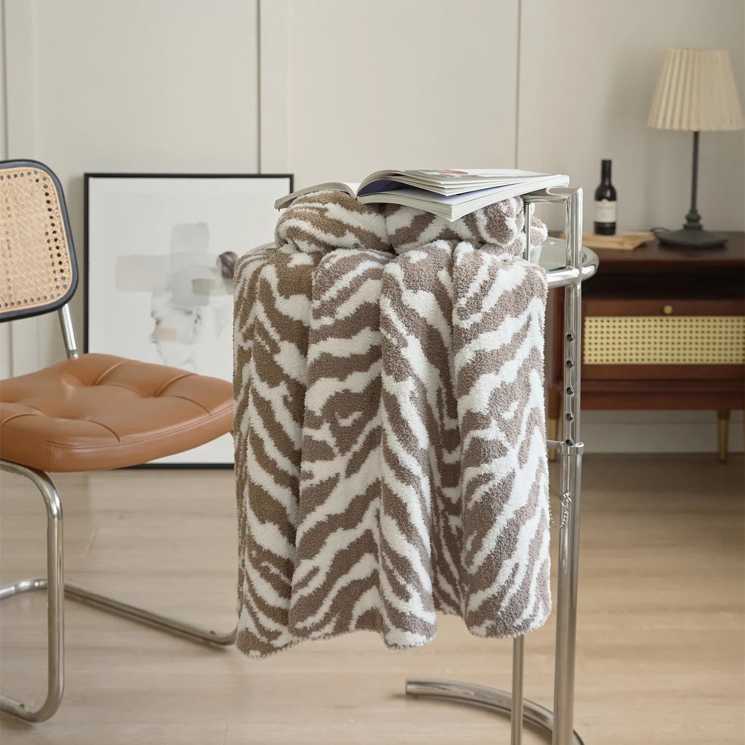 Afralia™ Zebra Stripe Knitted Blanket - Cozy Microfiber Furry Downy - Gray & White Chic Sofa Throw