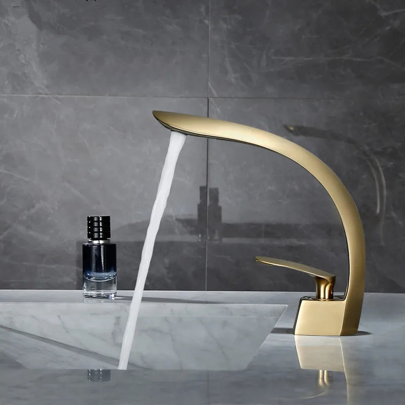 Afralia™ Brushed Gold Basin Mixer Tap Single Handle Hot Cold Waterfall Faucet