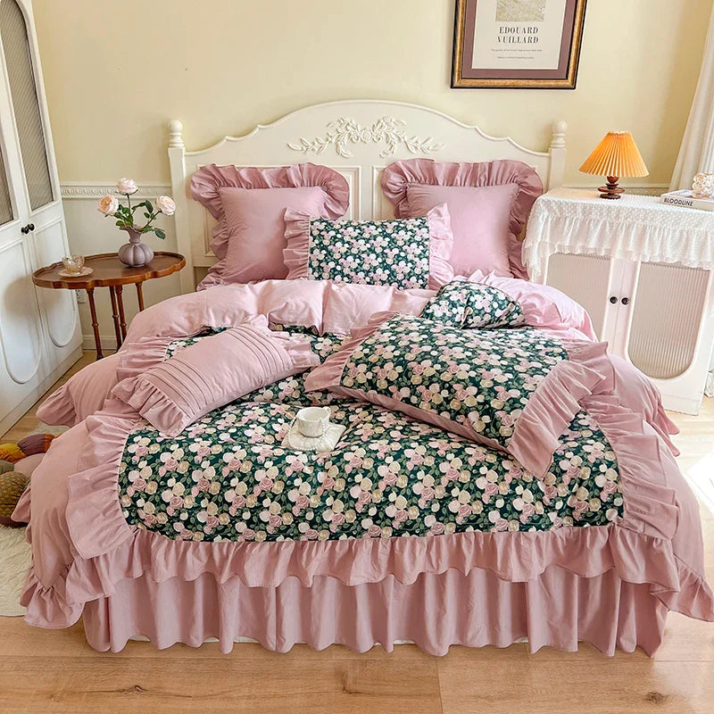 Afralia™ Vintage Floral Cotton Bedding Set with Pleat Ruffles and Duvet Cover