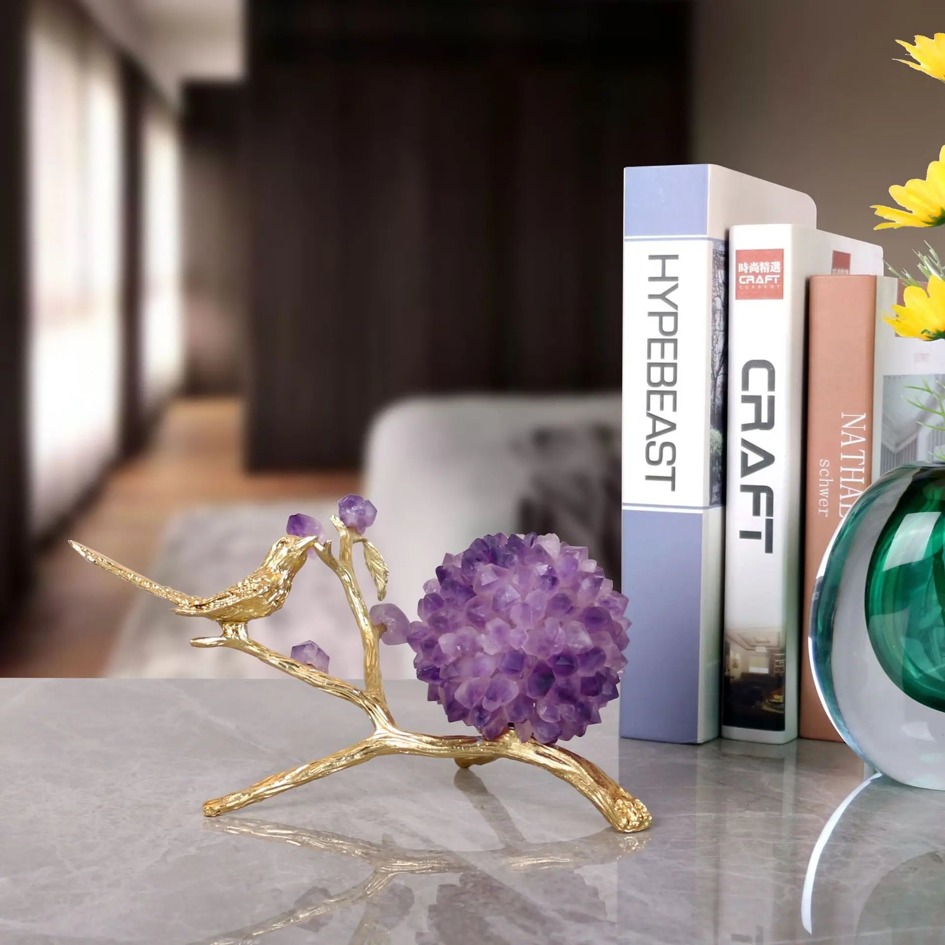 Afralia™ Amethyst Flower Ball Bird Sculpture Desk Decoration