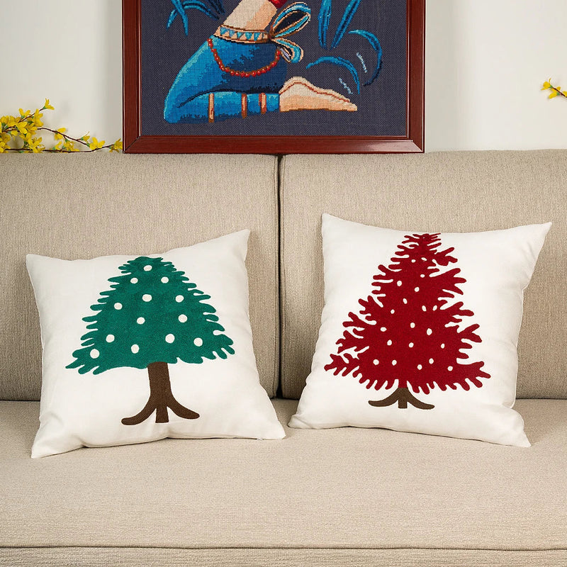 Afralia™ Embroidered Christmas Tree Cushion Cover 45x45cm Green Red Square Pillow Cover