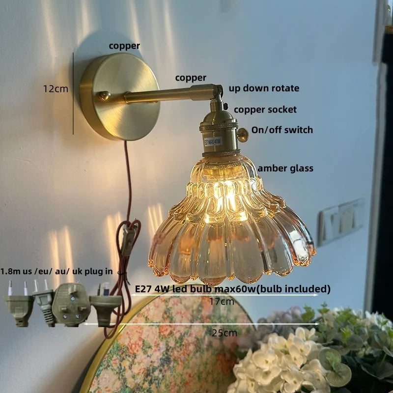 Afralia™ Flower Glass Pull Chain Wall Sconce, Rotatable Copper LED Stair Light