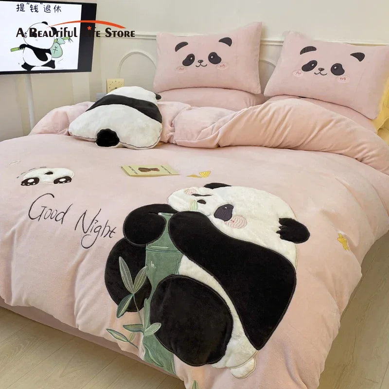 Afralia™ Pink Panda Applique Embroidery Bedding Set Double Queen Duvet Cover Bed Sheet Pillowcases