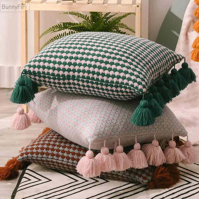 Afralia™ Yellow Pink Plait Brown Knit Tassel Cushion Cover 45x45cm