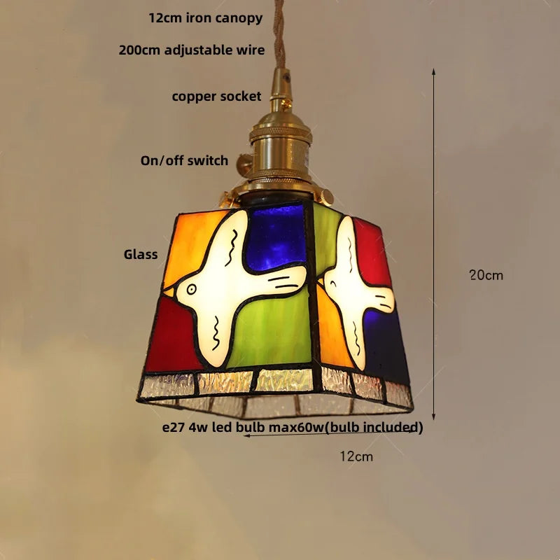 Afralia™ Colorful Glass Magic Cube LED Pendant Lights Tiffany Style Wood Hang Lamp