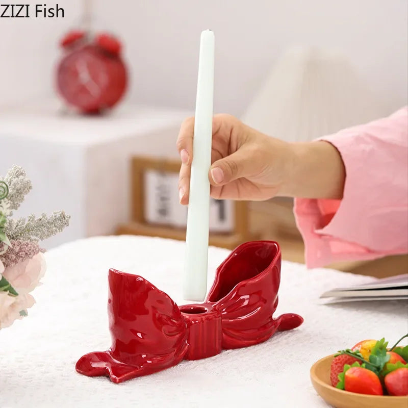 Afralia™ Bowknot Ceramic Candle Holder Desk Decoration Romantic Candlestick Aesthetic Decor