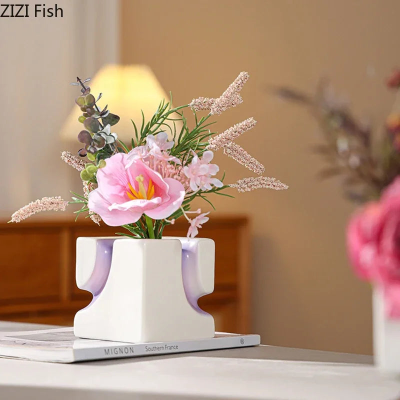 Afralia™ Geometric Blocks Vase: Gradient Color Desk Decoration with Artificial Flowers
