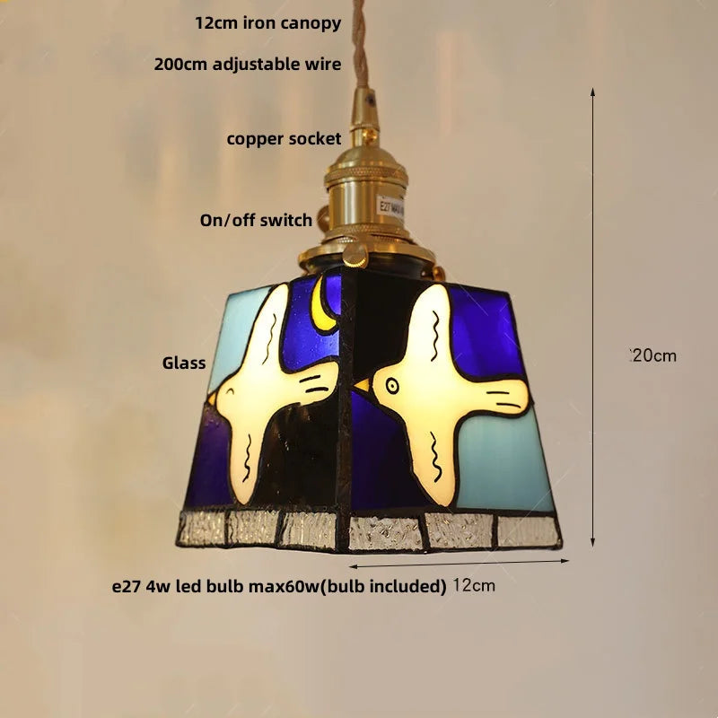 Afralia™ Peace Dove Tiffany Style Glass Pendant Lamp with LED, Copper Knob Switch