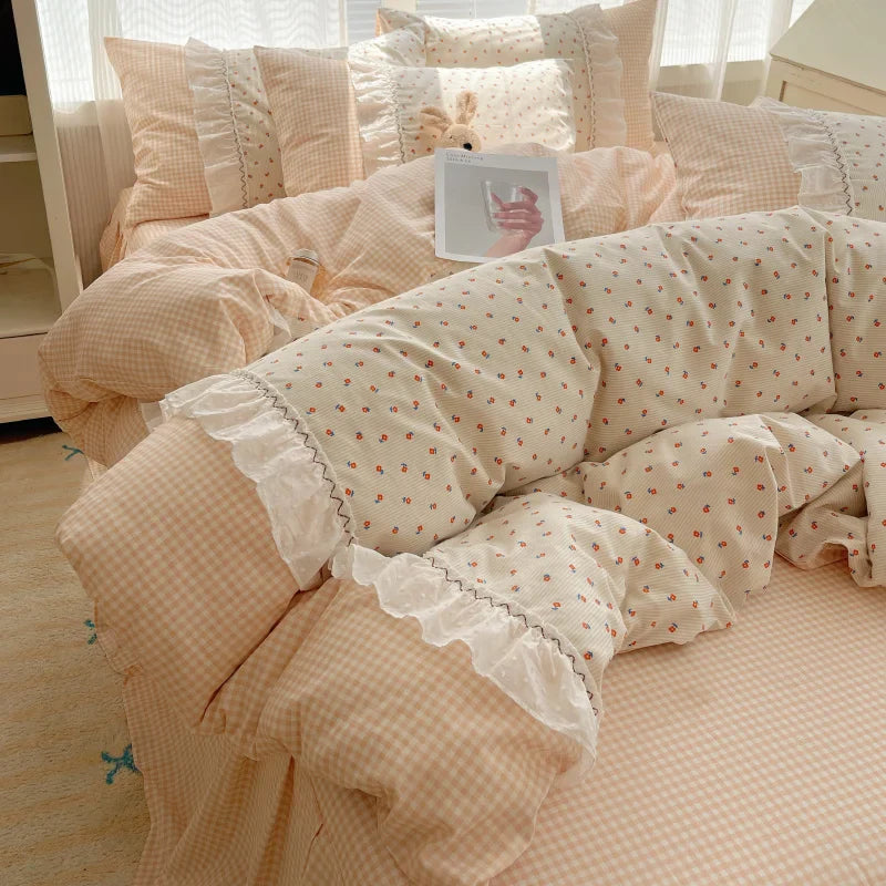 Afralia™ Cotton Small Florals Princess Bedding Set - Queen Size - Duver Cover Bed Sheet Bed Skirt Pillowcases
