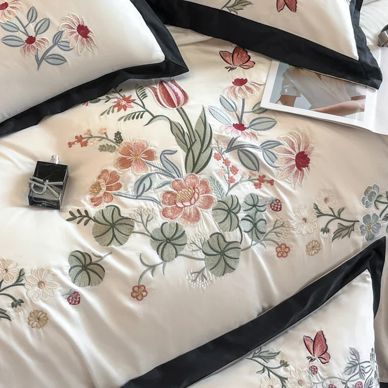 Luxury Flowers Embroidery Black Cotton Bedding Set by Afralia™ - 4Pcs