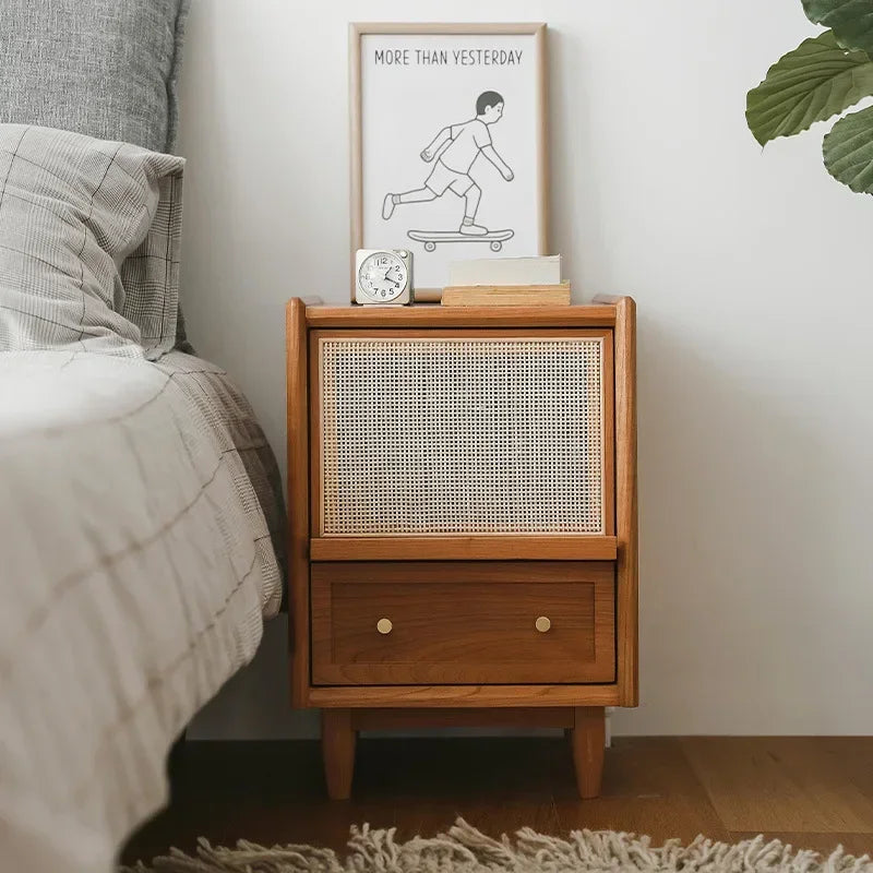 Afralia™ Rattan Weave Nightstand with Solid Wood Top, Multifunctional Bedside Storage Cabinet