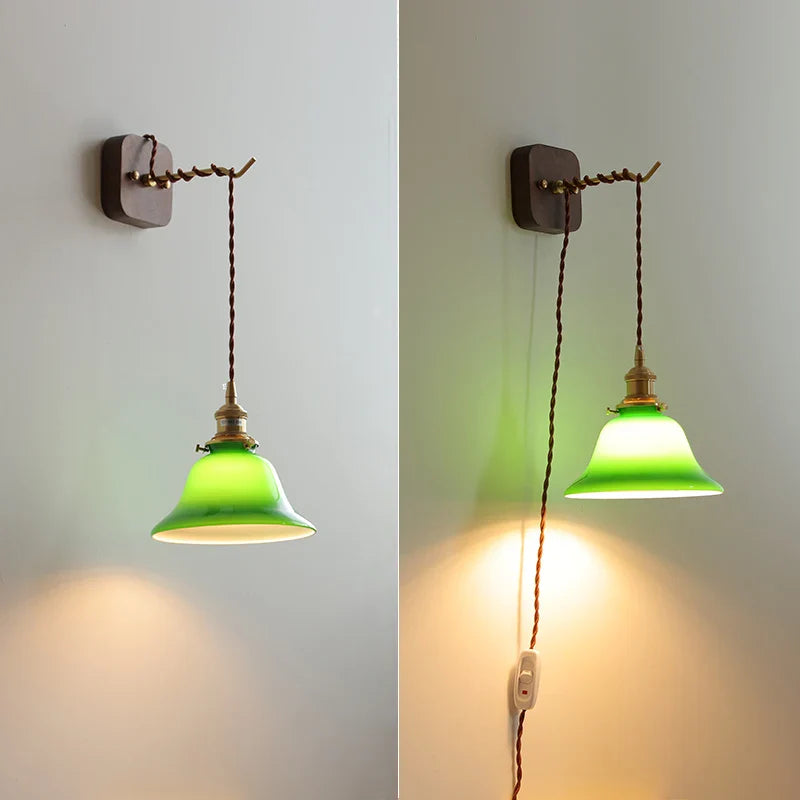 Afralia™ Walnut Canopy Green Glass LED Wall Light Fixture Hardwire Pull Chain Switch