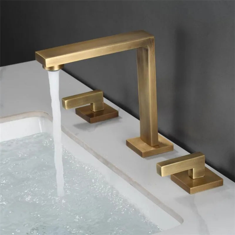Afralia™ Brushed Gold Basin Faucet: Brass Antique Sink Faucet, 3 Hole Waterfall Bathroom Tap