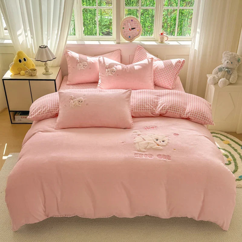 Afralia™ Pink Cat Embroidery Child Bedding Set, Single - King Sizes