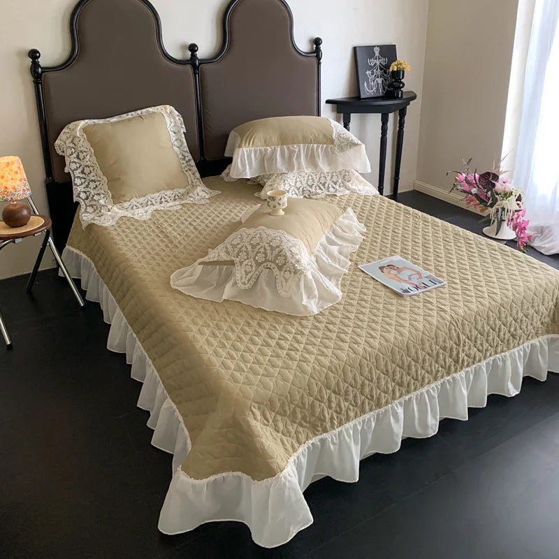 Afralia™ Pink Lace Ruffles Quilted Bedspread 250x260cm Bed Cover - Summer Quilt