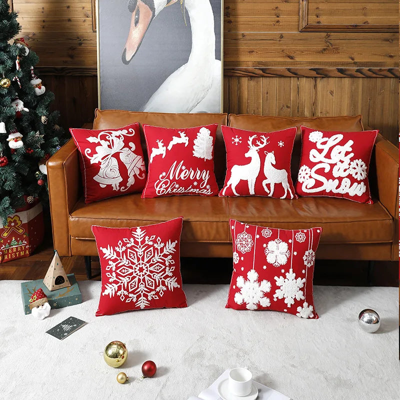Afralia™ Christmas Embroidered Cotton Canvas Pillow Covers Snowflake Elk Decor