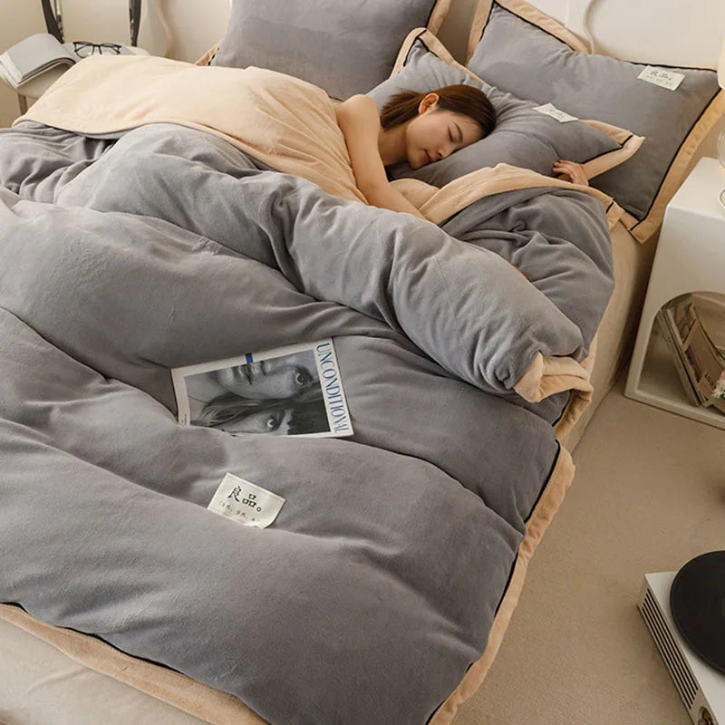 Afralia™ Winter Plush Milk Velvet Duvet Cover, Cozy Solid Warm Quilt for Adult Bedding