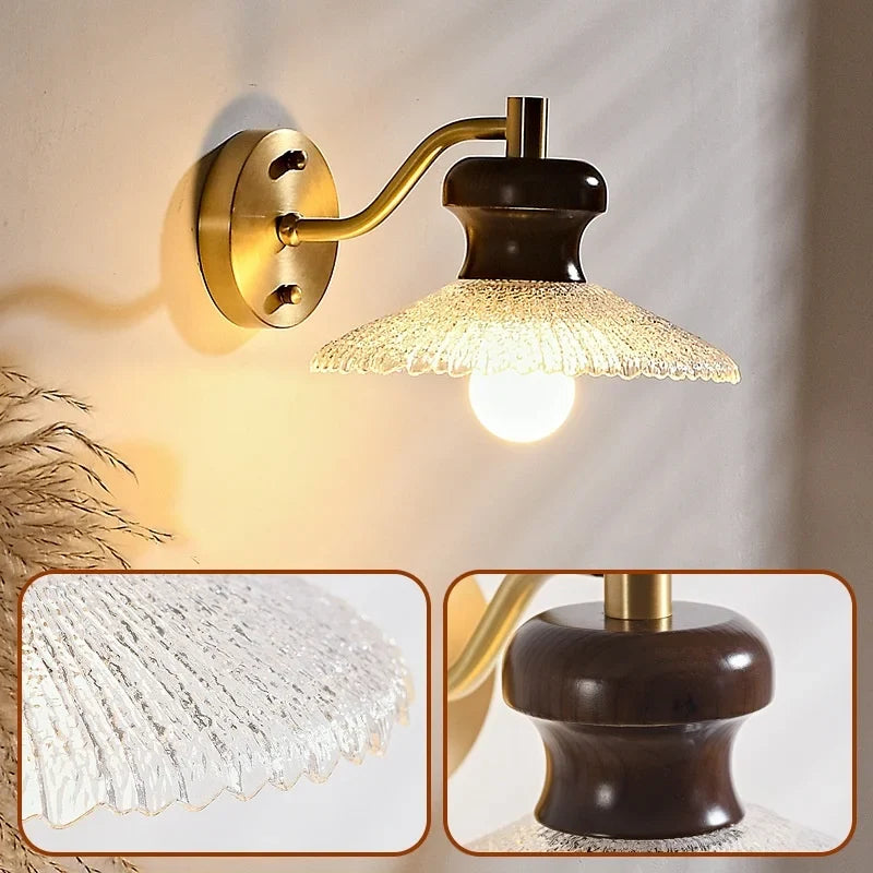 Afralia™ Wood Handled Copper Arm LED Wall Light - Vintage Bedside Lamp