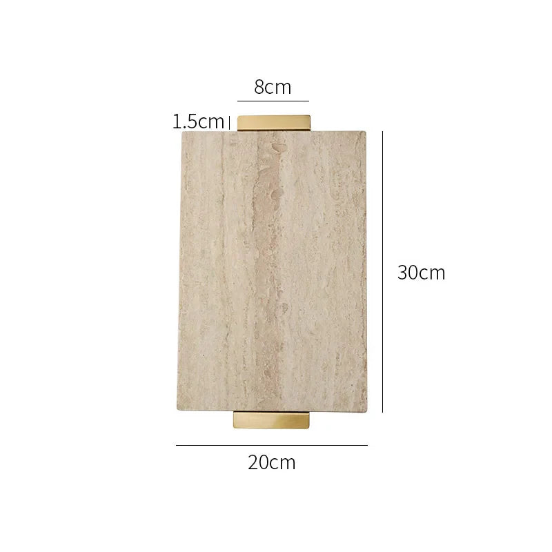Afralia™ Beige Travertine Stone Tray with Golden Metal Handle