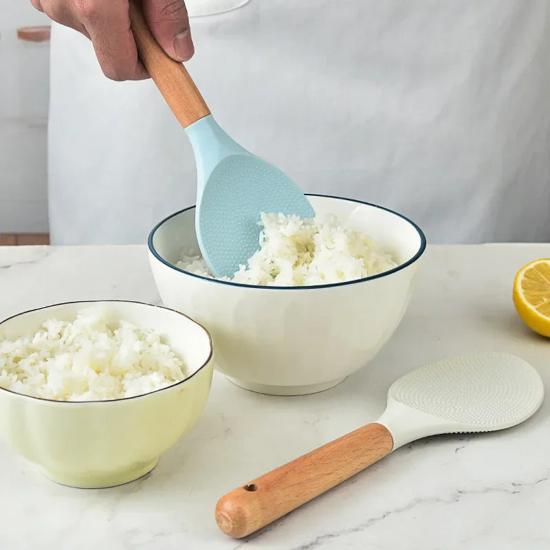 Afralia™ Silicone Rice Shovel Spoon with Wooden Handle - Non-Stick Cooking Spatula Scoop