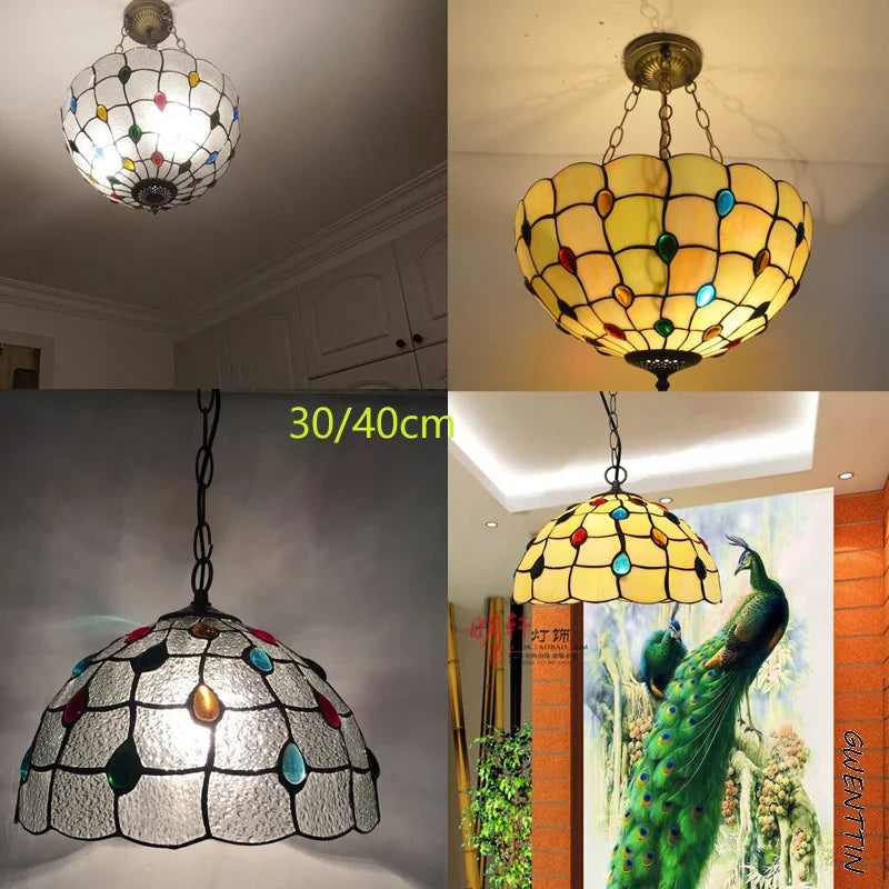 Afralia™ Stained Glass Pteris Pendant Light Chandelier for Dining Room and Bedroom