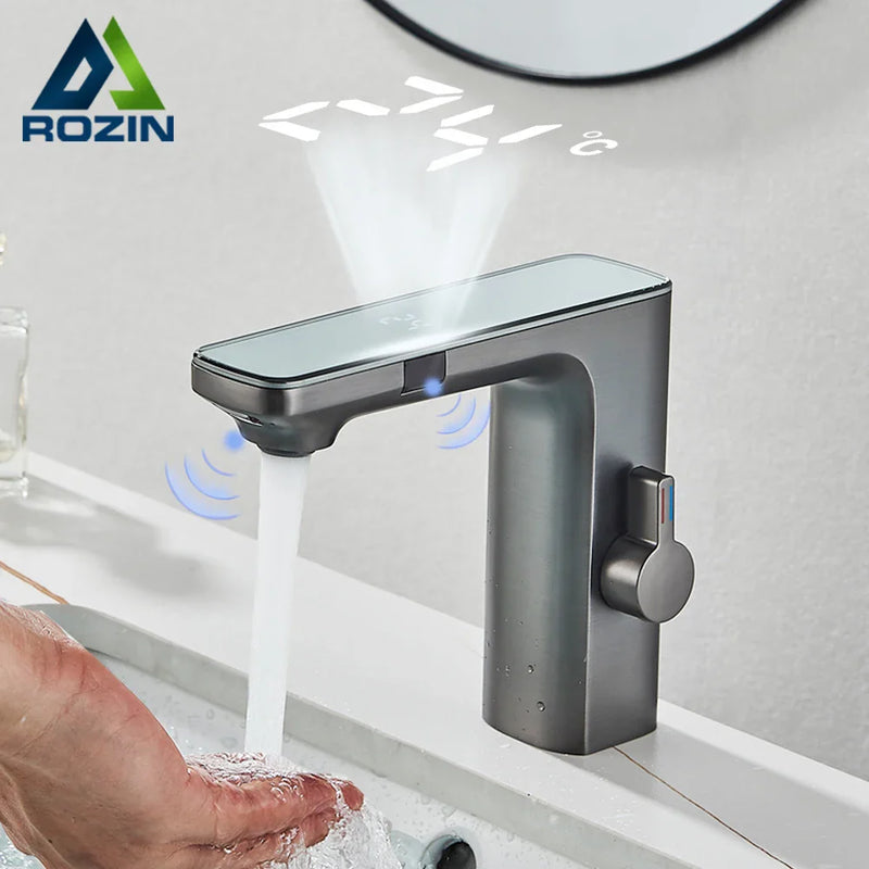 Afralia™ Touchless Sensor Brass Smart Digital Bathroom Sink Faucet Grey Hot Cold Mixer