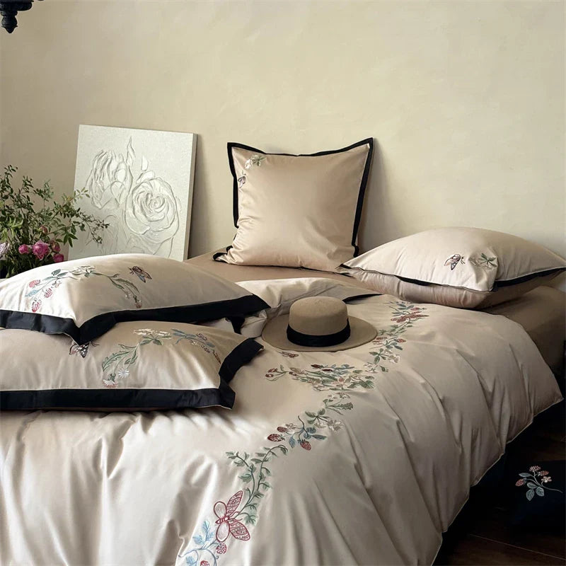 Afralia™ 1000TC Cotton Butterfly Flowers Embroidery Bedding Set with Duvet Cover, Sheet, Pillowcases