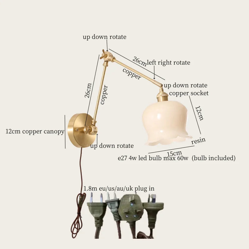 Afralia™ Cream Resin LED Wall Lights Pull Chain Switch Copper French Vintage Wandlamp