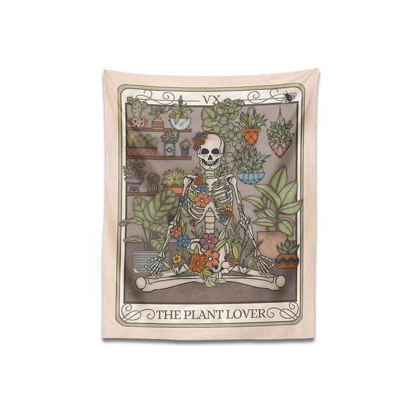 Afralia™ Plant Lover Tarot Card Tapestry | Botanical Skeleton Witch Wall Hanging