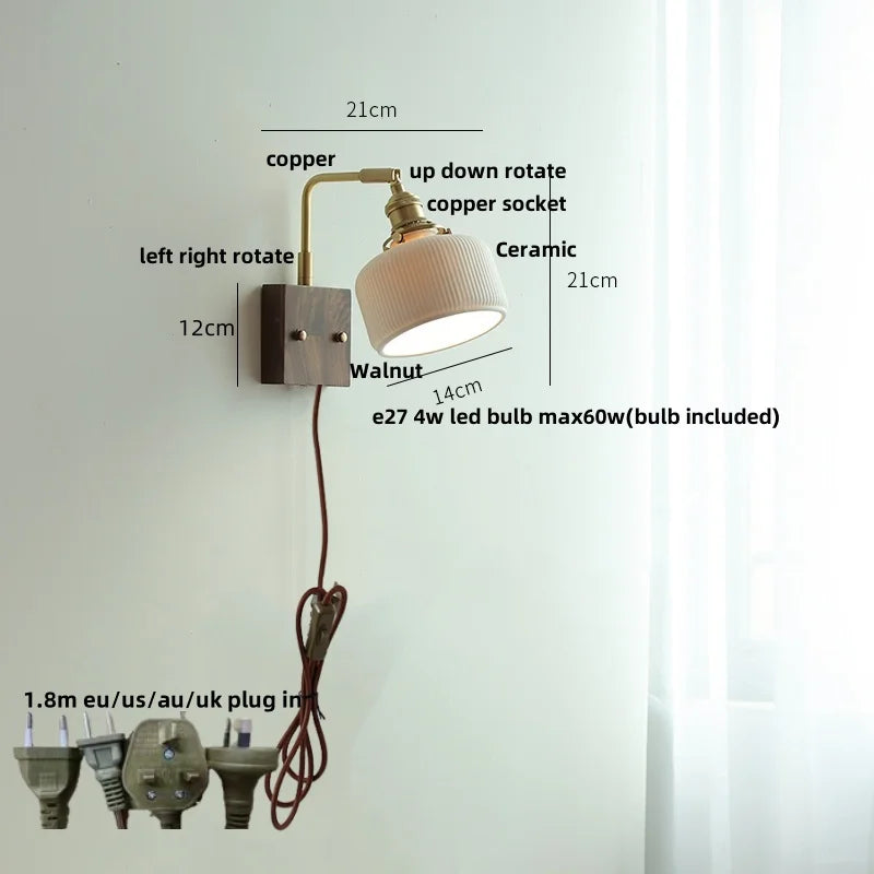 Afralia™ Globe Ceramic LED Wall Lights Walnut Wood Sconce Rotatable Bedside Lamp